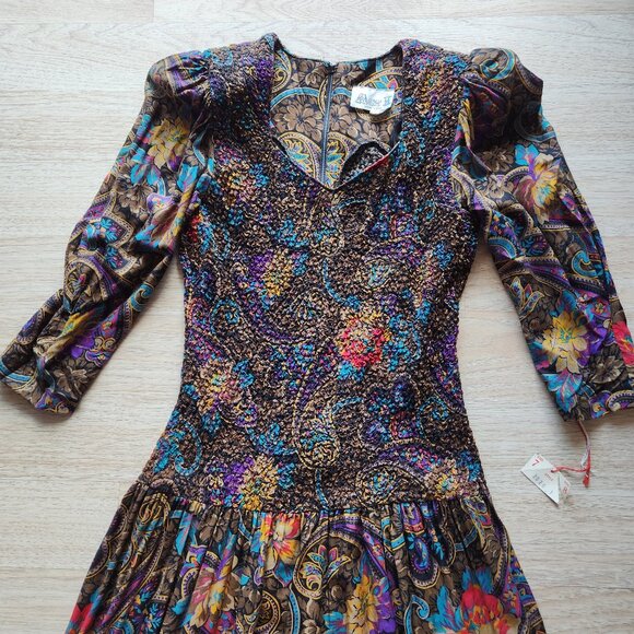 Vintage NWT ACT I New York Floral Paisley Smocked Midi Dress Drop-waist - Picture 10 of 14